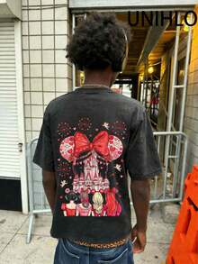Disney UNIHLO  Valentine's Day Love  Printed Summer Heavyweight Retro Washed Street Fashion Casual T-Shirt - màu đen - Xem 1