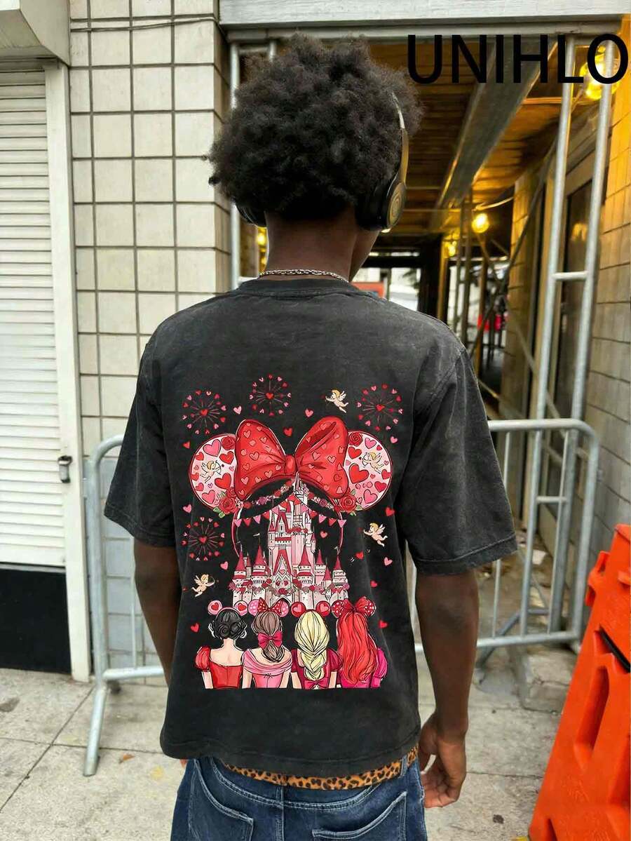 Disney UNIHLO Valentine's Day Love Printed Summer Heavyweight Retro Washed Street Fashion Casual T-Shirt - màu đen - Xem 1