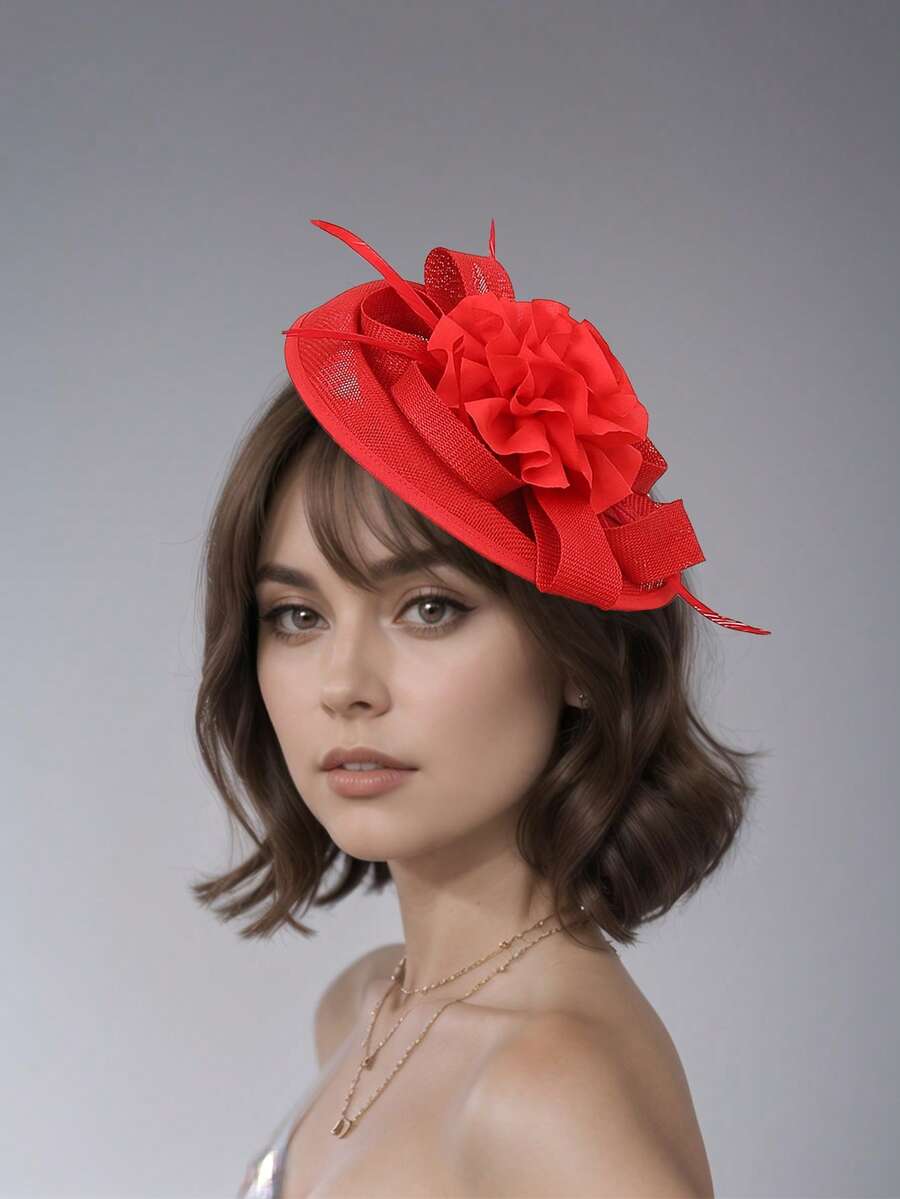 1pc Floral Print Solid Color Elegant Polyester Feather Fascinator Hat, Suitable For Wedding, Holiday Party, Tea Party, Christmas, Easter, Racing Event, Bachelorette Party