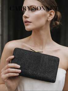 黑色编织手拿包，经典硬挺款式，金属扣闭合，正式场合包，女士手提包，女士礼物 - 黑色 - 查看 2