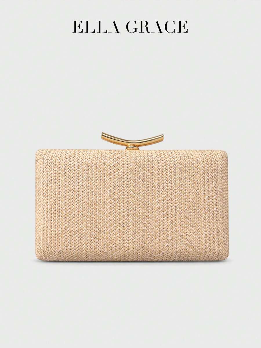 ELLA GRACE - 女士编织晚宴手拿包，优雅硬壳手提包，配金属扣，派对手提包，女士包袋，女士礼品 - 杏色 - 查看 1