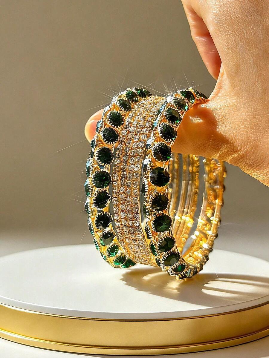 65mm 6pcs Fashion Gorgeous Middle Eastern Style Rhinestone Handmade Bracelet Set, Elegant Golden Bangle Accessories Women Jewelry Suitable For Wedding,Daily Wear - Multiple Bracelets - View 1