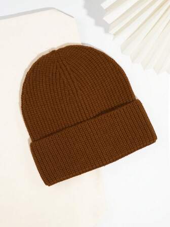 1顶冬季帽子，纯色可爱毛绒针织帽，柔软保暖滑雪帽，女士时尚翻边纯色骷髅针织帽，男女通用休闲抓绒帽