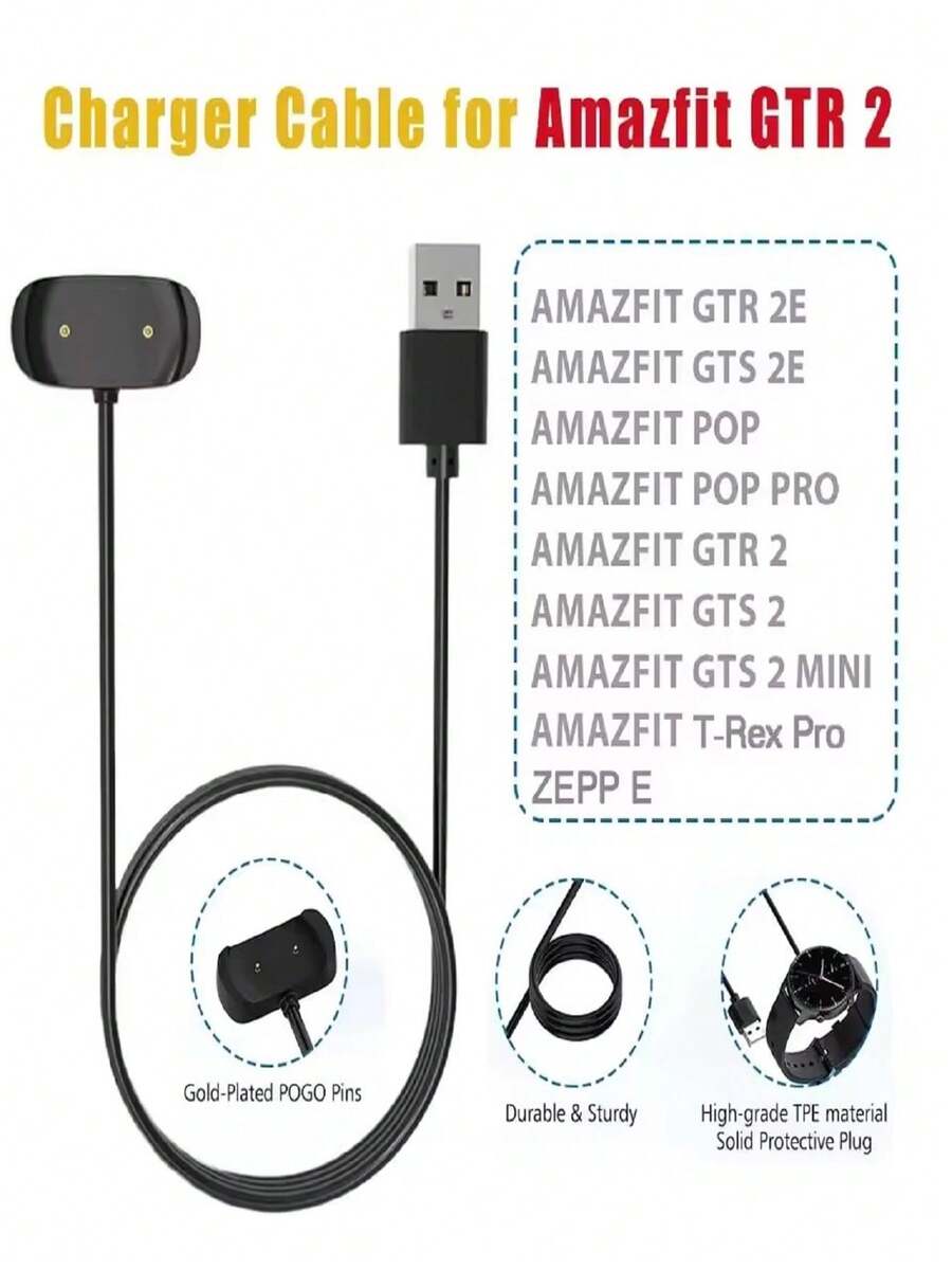 USB Charger Replacement For GTS 2/GTS 2 Mini/GTR 2e/Bip 5/Bip 3/Bip U, Smart Watch Fast Charging Cable - Black - View 1