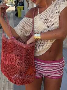 2026 New Spring/Summer Women's Casual Elegant Street Style Beach Party Resort Knit Asymmetrical Shoulder Pullover Cover Up Top, Suitable For Beach, Seaside, Outings, Dates, Vacations, Daily Wear, Party, Women's Valentine's Day, Women's Spring Styling, Women's Holiday, Summer Vacation Wear, Summer, Festivals, Outings, Summer Tops, , Women's Apparel, Women's New Year's Eve - White - View 6