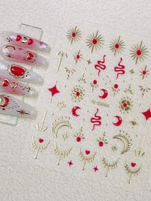 1pc Gold & Red Love Star Moon Totems Nail Art Stickers 5D Valentine's Day Glitter Heart/Red Lip/Bow Nail Decal Manicure Supplies - Multicolor - View 14