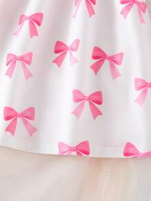 Girls Casual Outdoor Fashionable Cute Versatile Bow Allover Print Round Neck Cap Sleeve Fitted Dress, Spring/Summer - White - View 4