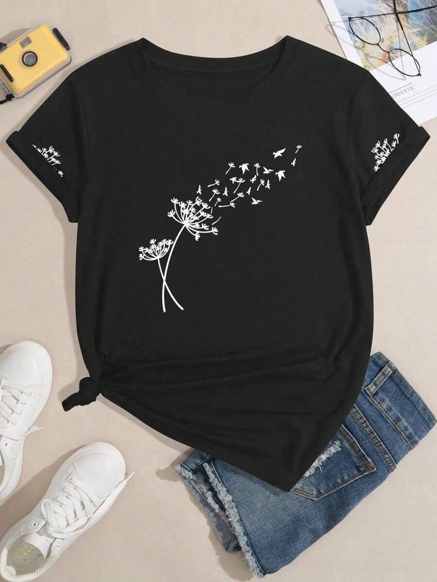 Women's Dandelion Pattern Printed Round Neck Short Sleeve T-Shirt Graphic Tees Women Tops - Black - View 1