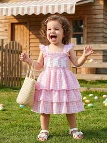 Toddler Baby Girl Easter Dress Smocked Flutter Sleeve Square Neck Rabbit Embroidery Plaid Tiered Birthday Party Dress Summer Clothes - Hồng - Xem 3