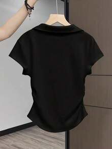 女士Y2K极简主义纯黑色修身腰部可爱性感百搭翻领短袖T恤，春夏款 - 黑色 - 查看 7