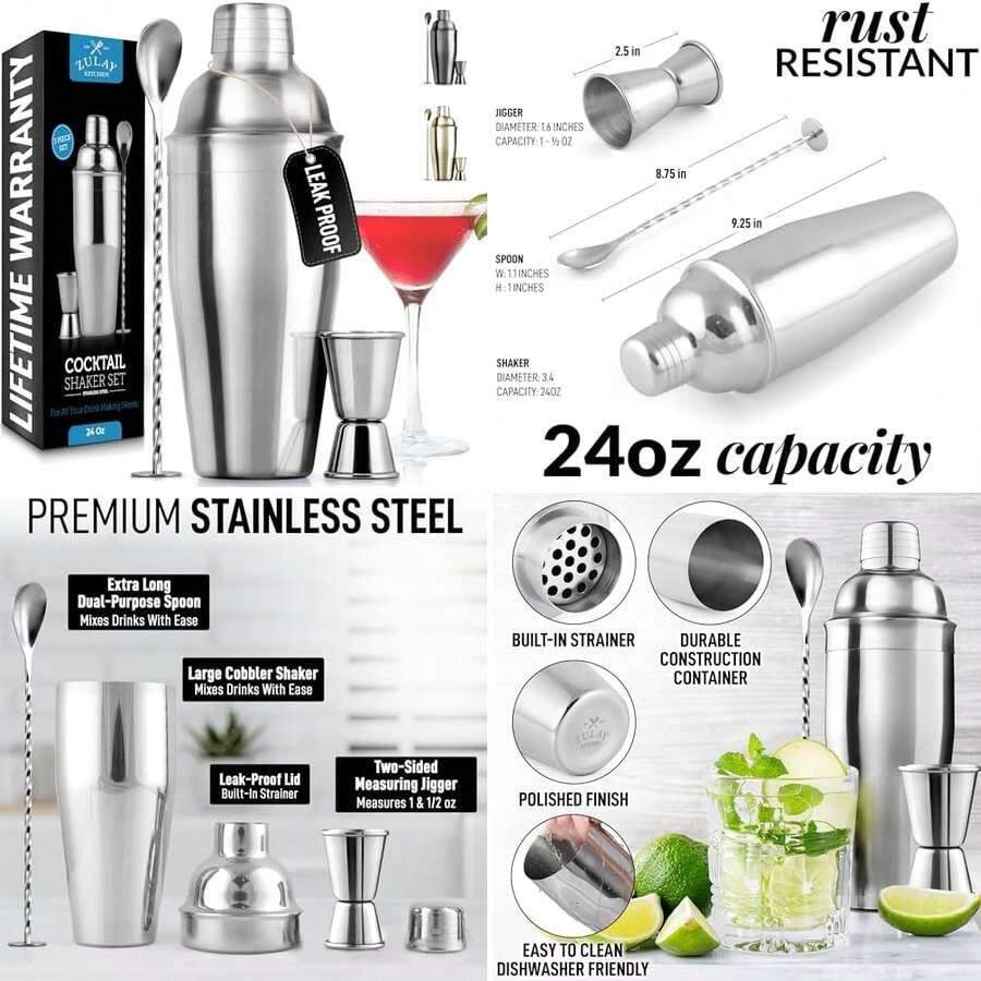 Zulay Kitchen 24 Oz Stainless Steel Cocktail Shaker Set - Mixed Drink Shaker - Martini Shaker Set With Built In Strainer, Double Sided Jigger & Combo Muddler Mixing Spoon - Pro Margarita Shaker - As Pic - View 1