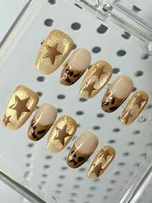 10 Handmade Press-On Nail Art Pieces, Oval-Shaped Five-Pointed Star Elements, Cat-Eye Brown Leopard Print, Cute Nail Art. Removable And Reusable, Suitable For Women, Perfect For Vacations, Holidays, Or Everyday Wear. Nails Nail Supplies - Rust Brown - View 2