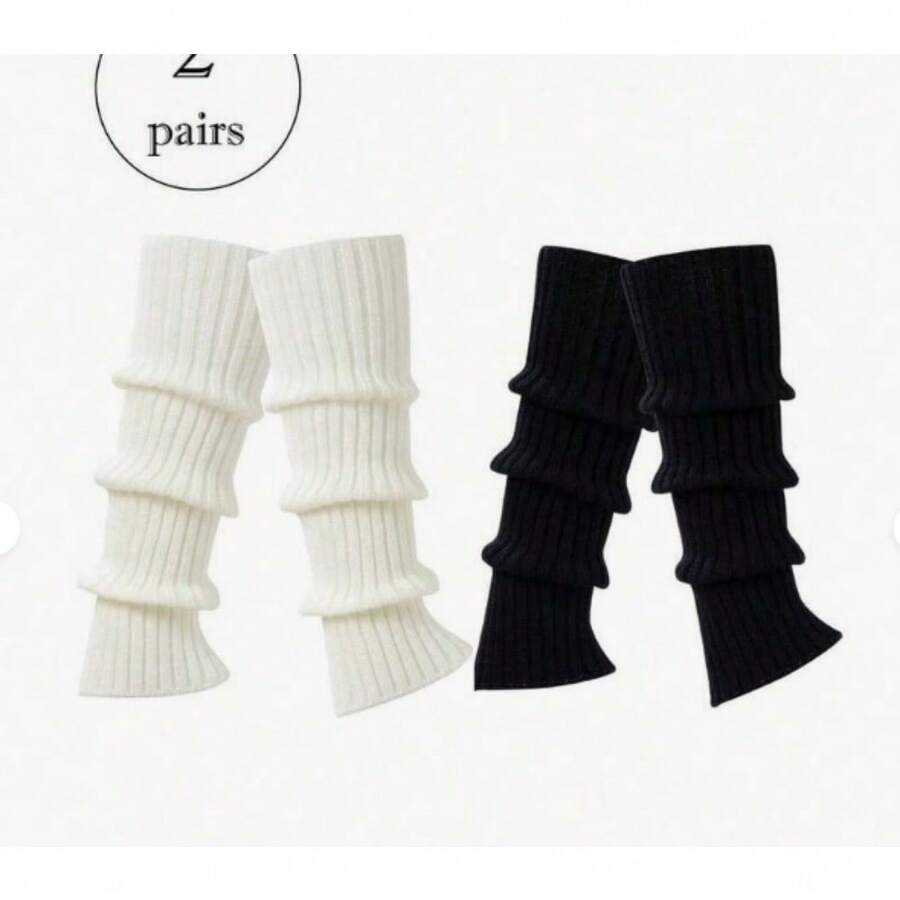 2Pairs Leg Warmers For Women, Cute Knit Leg Warmer Socks For Dance, Fall / Winter - Đen và trắng - Xem 1