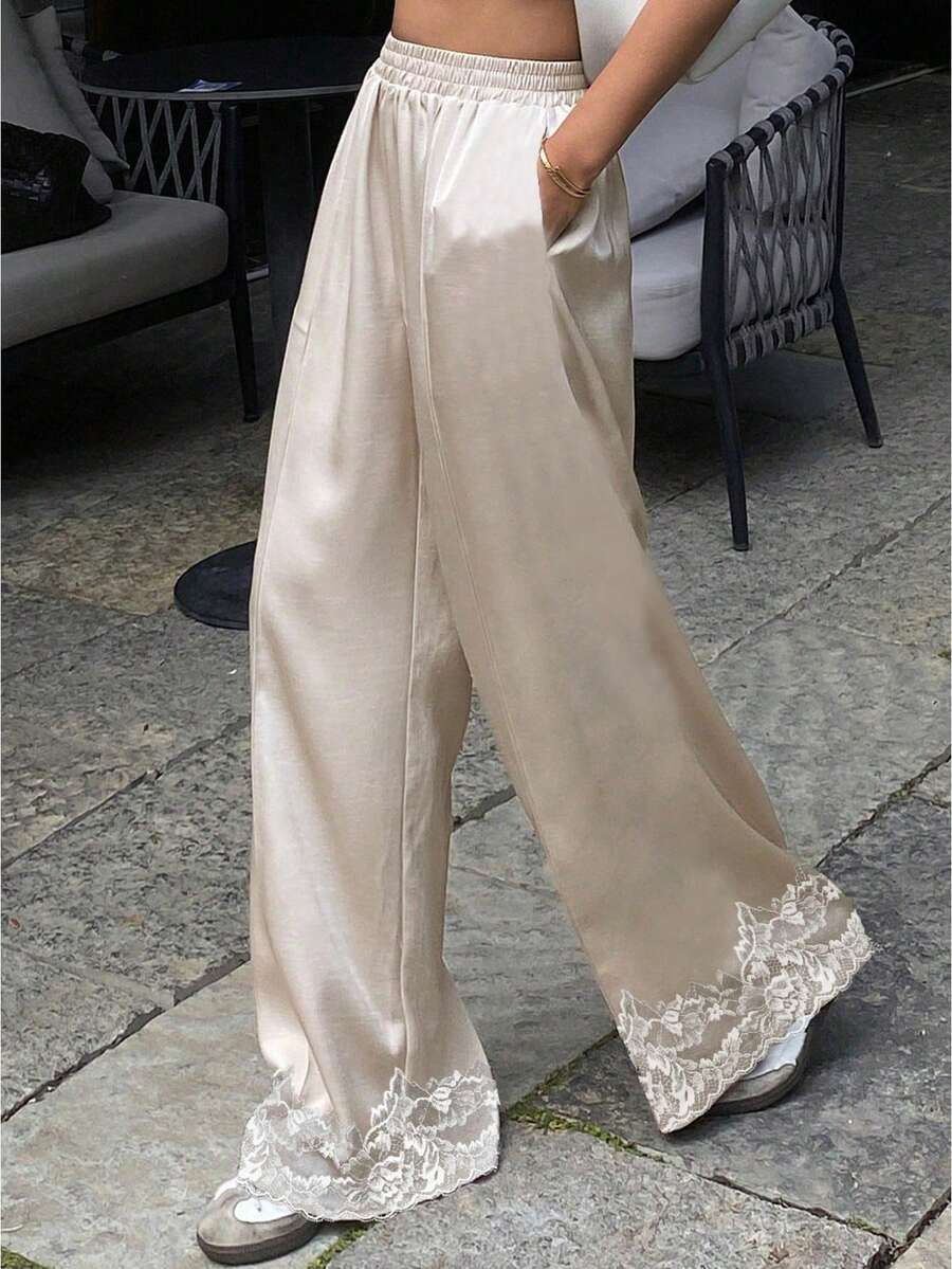 Women's Satin Silk Lace Cuff Pants Y2k Elastic Waist Wide Leg Lounge Boxer Bottoms  Casual Trousers - 香檳色 - 查看 1