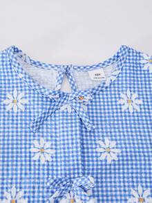 Summer Girls' Sweet & Fresh 2pcs Set, Blue & White Plaid Puff Sleeve Top With Floral Print & Bow Decor, Paired With Matching Loose Casual Pants, Stylish Outfit - Blue - View 7