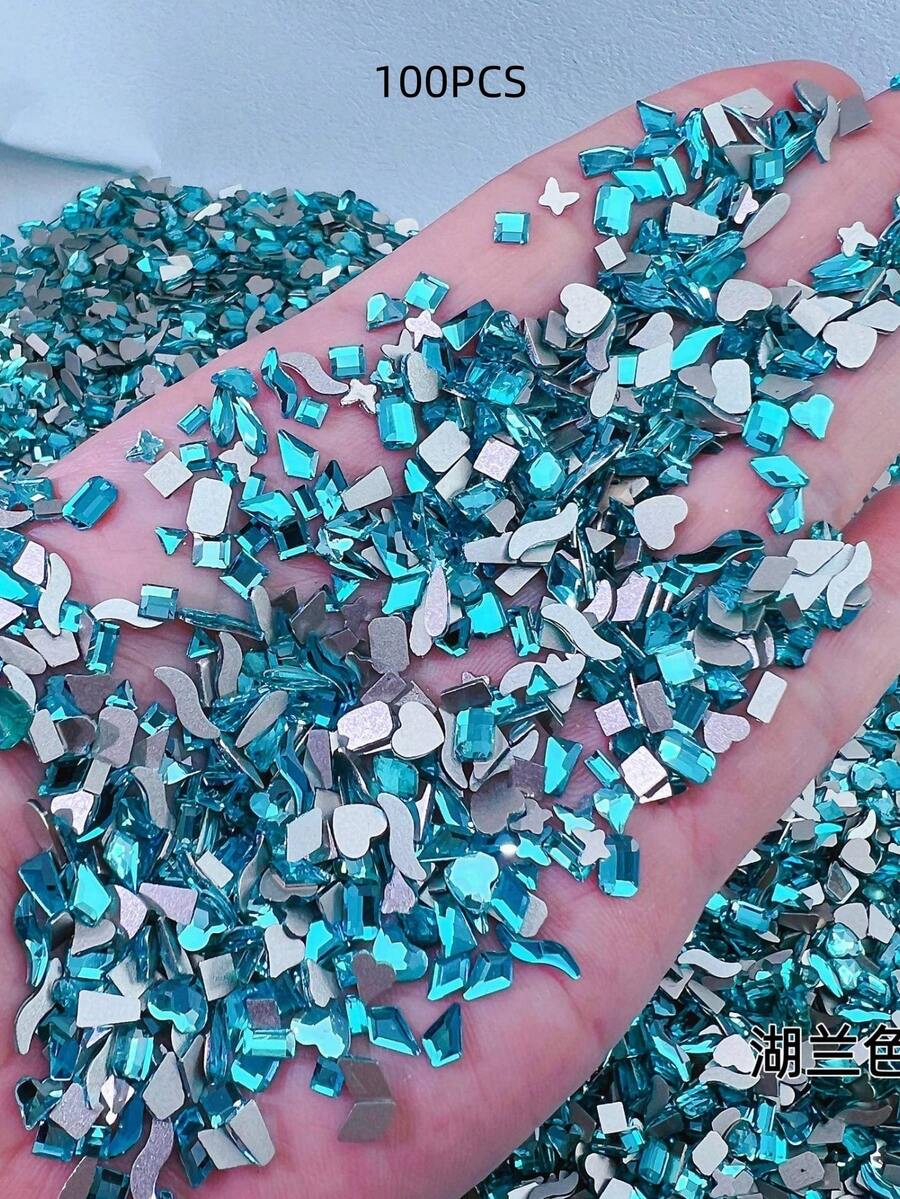 100颗/包迷你平底锆石美甲装饰品，多种形状，包括心形、方形、超闪亮白色微型锆石美甲宝石，流行美甲用品 - 彩色 - 查看 1