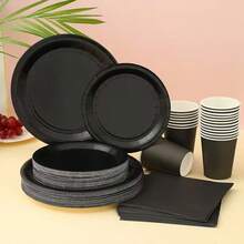 50/36/24/12个装 7英寸/9英寸一次性纸盘，加厚纸盘，防漏，3秒快速清洁，适用于派对/露营/家庭，可重复使用，蛋糕盘，生日派对，毕业典礼，圣诞节，感恩节，万圣节餐具 - 黑色 - 查看 3