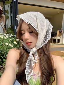 1pc French Country Style Lace Triangular Scarf, Elegant Triangular Scarf, Women's Hair Scrunchie, Headband, Beach Accessory, French Elegant Chiffon Scarf Ribbon, Floral Hair Accessory, Headwrap, Sweatband, Headband, Autumn/Winter Resort Style Headband, Women's Headscarf, Soft Headband Women Hair Accessories Elegant Hair Band Women Bandanas Elegant Head Scarf - Multicolor - View 5