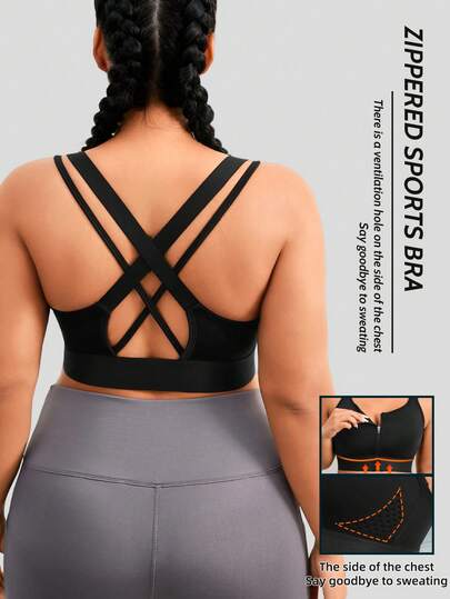 1pc Women Plus Size Front Zip Sports Bra, Lift And Adjust Sagging Bust, Casual Wear Camisole