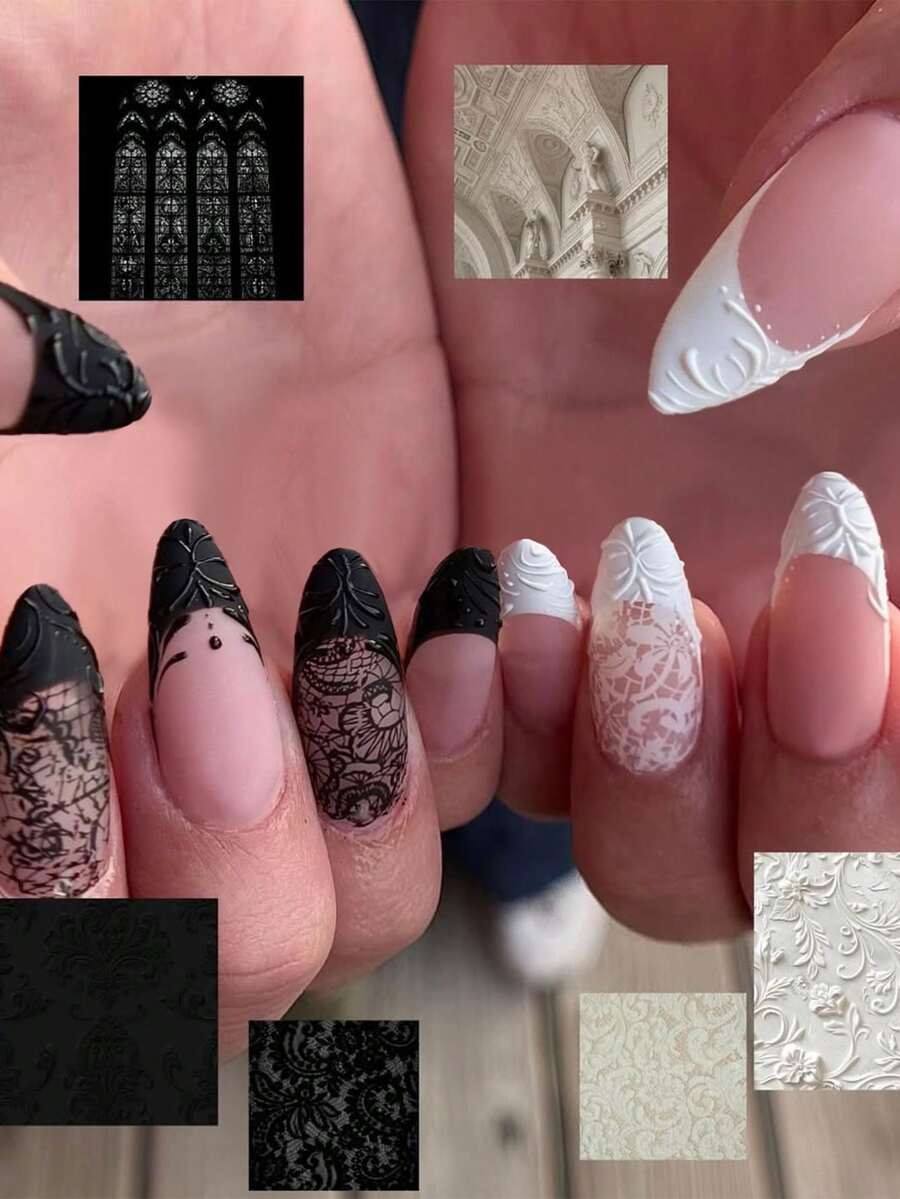 24片杏仁形黑白蕾丝法式美甲贴纸，手工美甲，完美贴合，套装包含：1片果冻胶和1把指甲锉。夏季美甲的理想之选，适合女性和女孩日常工作和派对使用。美甲用品 - 彩色 - 查看 1