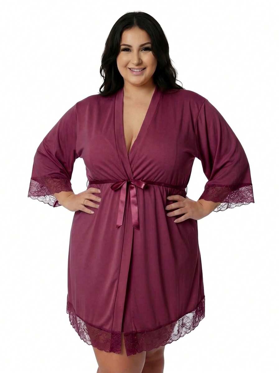 Plus Size Robes & Robe Sets - Burgundy - View 1