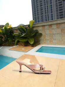 Women's Rhinestone Square Toe Stiletto High Heel Sandals, Sexy Outdoor Wear, Summer - Pink - View 3