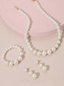 Bộ 4 món trang sức thời trang thanh lịch dành cho bé gái, gồm vòng cổ, vòng tay và bông tai đính ngọc trai giả, thích hợp đeo hàng ngày, dự tiệc và làm quà tặng. - Nhiều màu - Xem 1