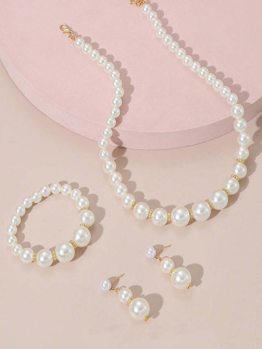 Bộ 4 món trang sức thời trang thanh lịch dành cho bé gái, gồm vòng cổ, vòng tay và bông tai đính ngọc trai giả, thích hợp đeo hàng ngày, dự tiệc và làm quà tặng. - Nhiều màu - Xem 1