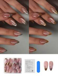 48片手工制作杏仁形3D凝胶美甲贴纸，打造猫眼美甲设计，银色法式和金色法式按压式美甲贴片，杏仁形完美贴合亚克力假指甲套装，包含：1片果冻凝胶和1个指甲锉，猫眼美甲和法式杏仁美甲，适合女性日常工作、节日、派对等场合。 - 彩色 - 查看 3