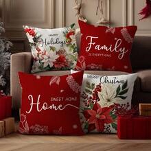 4pcs Christmas Vintage Poinsettia Wreath Throw Pillow Cover Set, Single-Sided Printed Peach Velvet Polyester Material, 45*45/50*50/40*40CM Cushion Cover Suitable For Room Decor, Modern Minimalist Sofa Living Room Decor, Gift, Party Decoration - 多色-1 - 查看 8