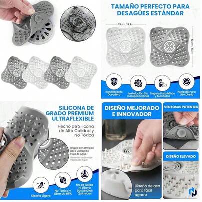 Set de 4 Tapones de Drenaje de Silicona con Ventosa, Cuadrados, Cubierta para Desagüe de Suelo, Atrapa Pelos y Bloquea Olores, Ideal para Ducha, Bañera, Cocina o Lavabo