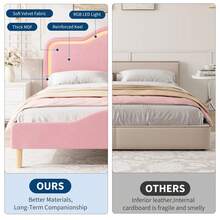 Base de Cama Tapizada con LED, Cabecera y Pie de Cama Ajustables, Cama Plataforma Princesa de Terciopelo para Niñas y Adolescentes, Soporte de Listones de Madera, No Requiere Resorte de Caja, Montaje Fácil - Reina rosa - Ver 8