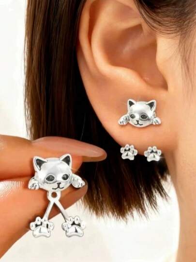 1 par de nuevos pendientes pequeños con diseño de gato de doble uso, accesorio lindo como regalo para mejores amigas