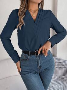 Women's Elegant Commuter Casual Solid Color V-Neck Long Sleeve Shirt, Spring/Summer - Navy Blue - View 5