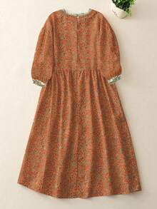 Spring & Autumn New Women's Artistic Fresh Floral Lace Collar 3/4 Sleeve Dress, Loose Floral Dress With Contrast Lace Collar Design - Mocha Brown - View 7