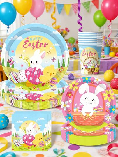 10件套复活节餐盘和餐巾纸餐具套装，复活节快乐一次性餐盘、餐巾纸和杯子，兔子主题派对装饰和用品，可供10人使用