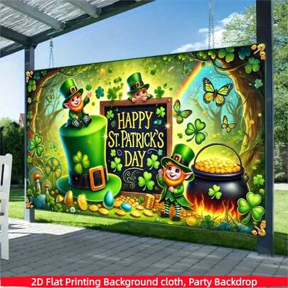 1 szt., płaski, 2D, baner na Dzień Świętego Patryka, tkanina poliestrowa, zielona koniczyna, kapelusz, wzór słoika na złote monety, używany do dekoracji na Dzień Świętego Patryka, irlandzkie dekoracje świąteczne, dekoracje klubowe, przyjęcia świąteczne, uroczystości, tkanina na Dzień Świętego Patryka, dekoracja na imprezy, dekoracja ścienna, rekwizyty do tła fotograficznego, dekoracja do domu/ogrodu/wnętrz/zewnętrza, artykuły dekoracyjne na imprezy