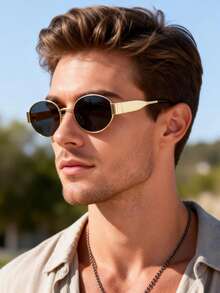 1pc Men Metal Geometric Frame Personalized Vintage Fashion Glasses For Driving Outdoor Summer Street Snap Accessories - 1pc Gold Frame Gray Piece - View 4