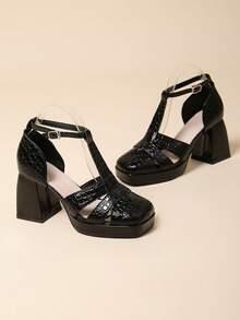 Fashionable Women's High Heel Square Toe Hollow Thick Heel Mary Jane Shoes, Elegant For Office, Party, Daily Wear, Versatile - Black - View 2