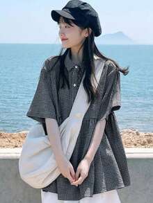 Contrast Plaid Collar Ruffle Trim Casual Women Short Sleeve Shirt, Spring/Summer - Black - View 5