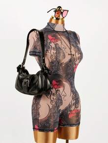 Women's Sexy Mesh Sheer Printed Backless Jumpsuit, Summer - Pink - View 4