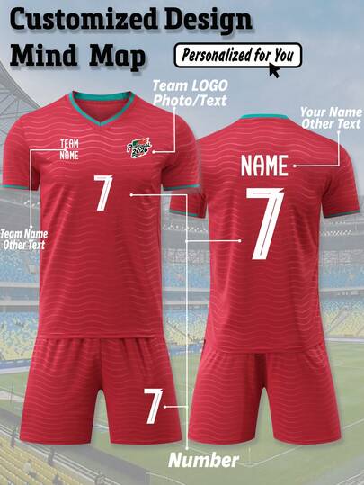 2pcs Personalized Portugal Red Style Men's Soccer Jersey - Customizable Name, Number, Team Name And Logo Short Sleeve T-Shirt + Shorts Sports Suit Gift, Fashionable, Minimalist, Casual, Personalized, Custom, Unique, Suitable For Men, Boyfriend, Family, Friends Birthday, Holiday, School/Match, Sports/Climbing Etc. Summer