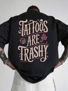 Camiseta gráfica para hombres "Tatuajes son basura" - Camiseta casual de verano de manga corta con cuello redondo y letras en negrita y diseño de tatuaje, negra, ajuste relajado para atuendo casual, camiseta casual de verano| Camiseta con Letras Negritas| Camisa de Ajuste Cómodo - Negro - Ver 1