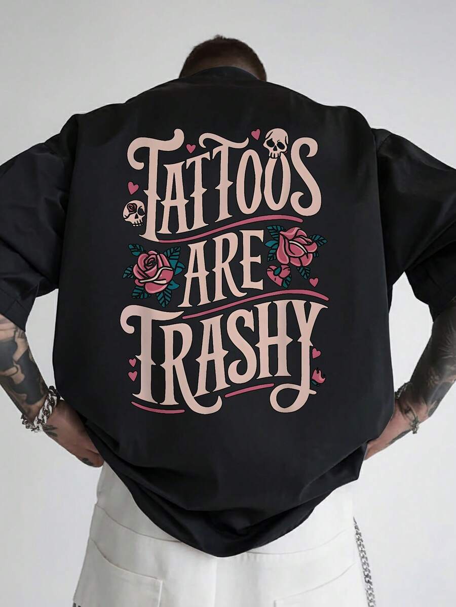 Camiseta gráfica para hombres "Tatuajes son basura" - Camiseta casual de verano de manga corta con cuello redondo y letras en negrita y diseño de tatuaje, negra, ajuste relajado para atuendo casual, camiseta casual de verano| Camiseta con Letras Negritas| Camisa de Ajuste Cómodo - Negro - Ver 1