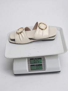 Plus Size 35-43 Summer New Fashion Versatile Slide Sandals, Square Toe Beige Flat Slip-On Silver Open Toe Comfortable Breathable Daily Outdoor Black Beach Slippers - Beige PU - View 9