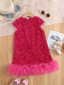 1pc Girls' Cute Elegant Sweet Shiny Sequin Decor Round Neck Short Sleeve Multi-Layer Tulle Ruffle Hem Dress, Suitable For Party, Formal Occasions, Birthday Gifts, Stage Performance, Festivals, Banquets, All Seasons - Hot Pink - View 5