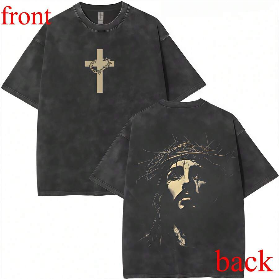 Jesus Crown Of Thorns Washed Tshirt, God Apparel Tee, Easter T-Shirt, Jesus T-Shirt, Easter Streetwear, Christian Apparel Graphic Tees, Gym Pump Cover - 黑色 - 查看 1