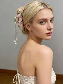 Presilha de cabelo Y2K Sweet Girl * Estilo romântico de primavera com rosa rosa, strass e borla de pérolas em dourado. Design requintado, perfeita para passeios de primavera, jantares românticos, looks com Hanfu, chá da tarde com a melhor amiga, estilo streetwear de férias. Acessório de cabelo versátil e elegante, com presilha de garra para um visual casual e sofisticado. - Multicolorido - Ver 4