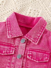 女童玫红色牛仔连体裤，时尚翻领短袖连身裤，夏季 - 玫紅色 - 查看 2