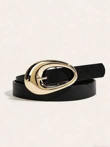 Plus Size Y2K Style Retro American Vintage Black PU Leather Geometric Metal Buckle Belt, Simple & Elegant Accessory For Parties, Music Festivals, And Daily Wear Summer, School Fall, Autumn, Halloween - Geometric Buckle PU - View 1